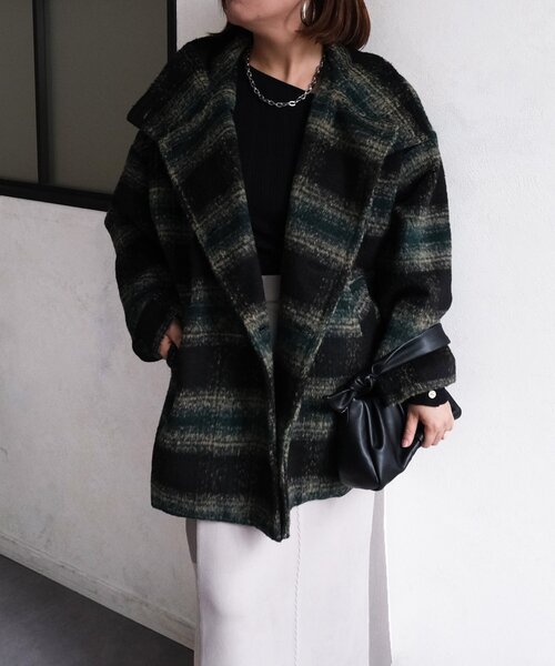 Chez toi(シェトワ)の「シャギースタンドネックコート(その他アウター・レディース・ブルー/チャコールグレー/グリーン・FREE)」の5枚目の写真