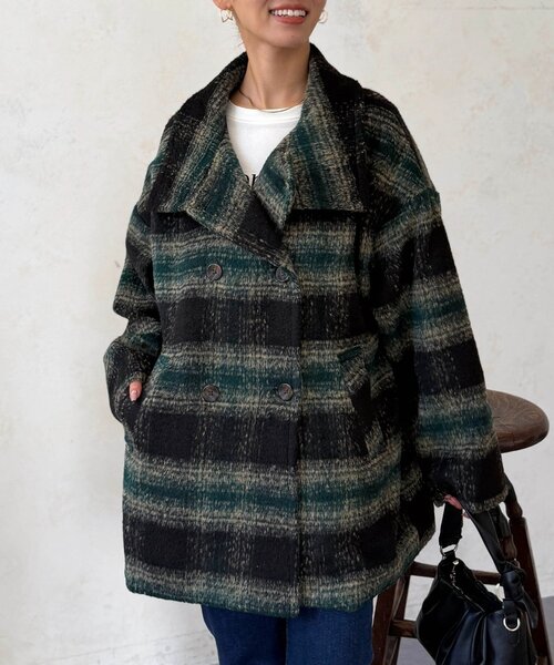 Chez toi(シェトワ)の「シャギースタンドネックコート(その他アウター・レディース・ブルー/チャコールグレー/グリーン・FREE)」の8枚目の写真