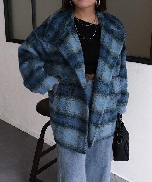 Chez toi(シェトワ)の「シャギースタンドネックコート(その他アウター・レディース・ブルー/チャコールグレー/グリーン・FREE)」の17枚目の写真
