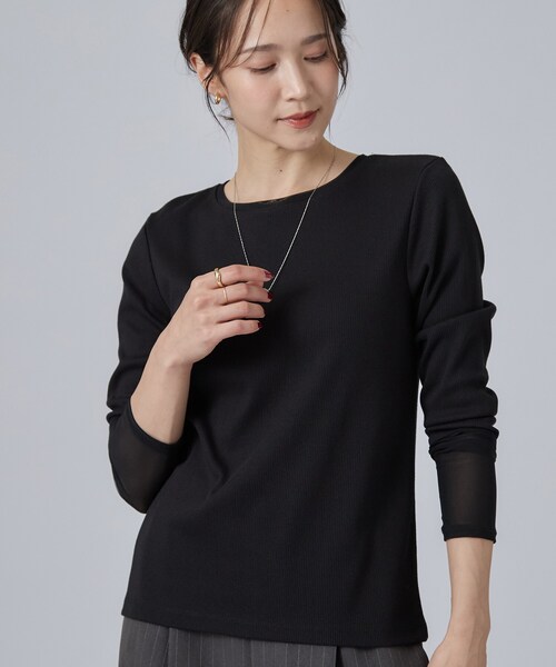 SHOO・LA・RUE(シューラルー)の「【S-LL/洗濯機可】コーデの幅広がる お袖チュールトップス(Tシャツ/カットソー・レディース・キャメル/ブラック系/ホワイト系1/グレー系その他・04/02/03/01)」の2枚目の写真
