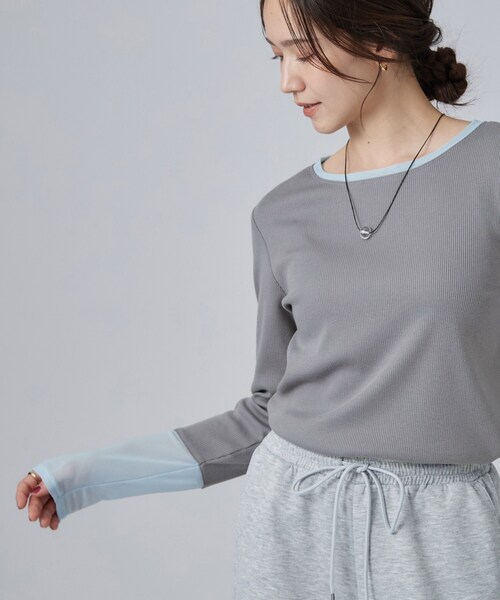 SHOO・LA・RUE(シューラルー)の「【S-LL/洗濯機可】コーデの幅広がる お袖チュールトップス(Tシャツ/カットソー・レディース・キャメル/ブラック系/ホワイト系1/グレー系その他・04/02/03/01)」の3枚目の写真