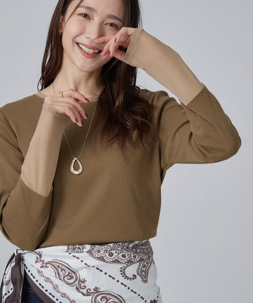 SHOO・LA・RUE(シューラルー)の「【S-LL/洗濯機可】コーデの幅広がる お袖チュールトップス(Tシャツ/カットソー・レディース・キャメル/ブラック系/ホワイト系1/グレー系その他・04/02/03/01)」の4枚目の写真