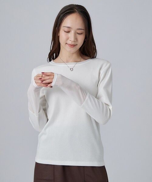 SHOO・LA・RUE(シューラルー)の「【S-LL/洗濯機可】コーデの幅広がる お袖チュールトップス(Tシャツ/カットソー・レディース・キャメル/ブラック系/ホワイト系1/グレー系その他・04/02/03/01)」の5枚目の写真