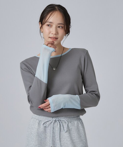 SHOO・LA・RUE(シューラルー)の「【S-LL/洗濯機可】コーデの幅広がる お袖チュールトップス(Tシャツ/カットソー・レディース・キャメル/ブラック系/ホワイト系1/グレー系その他・04/02/03/01)」の9枚目の写真