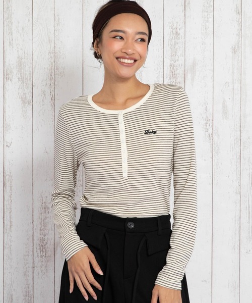 anap mimpi(アナップミンピ)の「ボーダーヘンリーネックトップス(Tシャツ/カットソー・レディース・アイボリー/ピンク/ブラウン・F)」の15枚目の写真