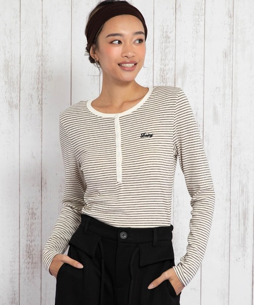 anap mimpi(アナップミンピ)の「ボーダーヘンリーネックトップス(Tシャツ/カットソー・レディース・アイボリー/ピンク/ブラウン・F)」の17枚目の写真