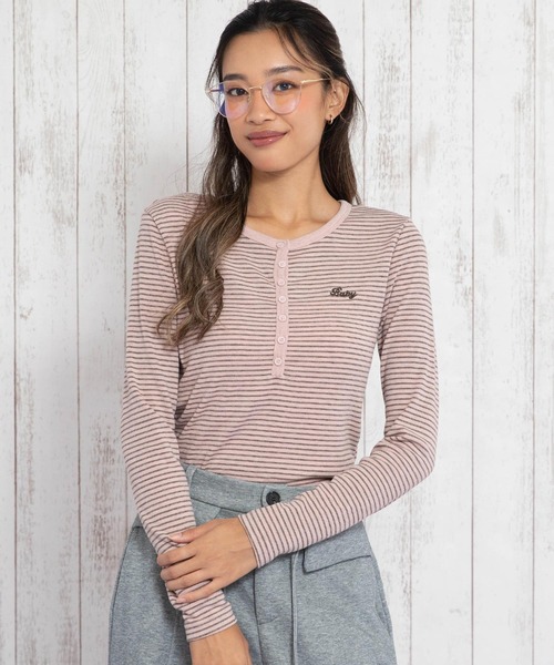 anap mimpi(アナップミンピ)の「ボーダーヘンリーネックトップス(Tシャツ/カットソー・レディース・アイボリー/ピンク/ブラウン・F)」の7枚目の写真