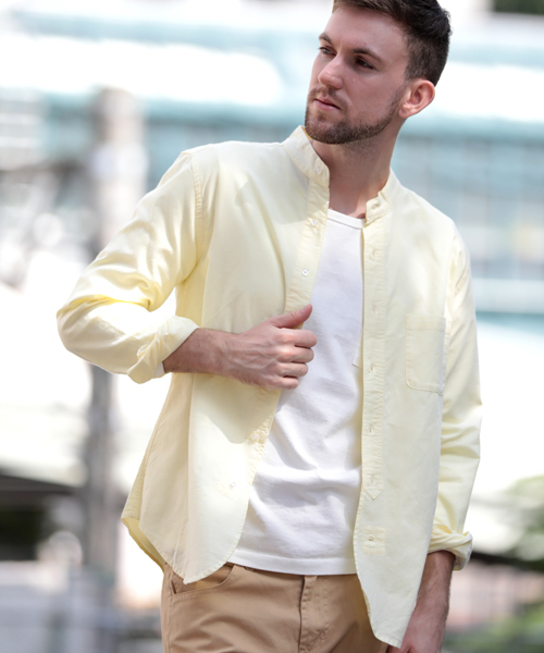 Denime(ドゥニーム)の「オックスフォード バンドカラーシャツ/OXFORD SHIRT(シャツ/ブラウス・メンズ・サックスブルー/ホワイト/イエロー・LARGE/X-LARGE/MEDIUM)」の1枚目の写真