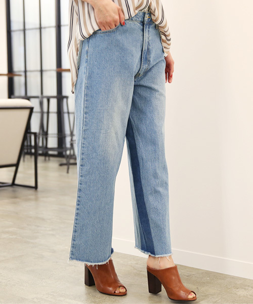 Luz Llena (philter)（ラズレナ　フィルター）の「[綿100%]配色切替えワイドデニムパンツ（デニムパンツ・レディース・サックスブルー/ブルー・LARGE/MEDIUM）」の3枚目の写真