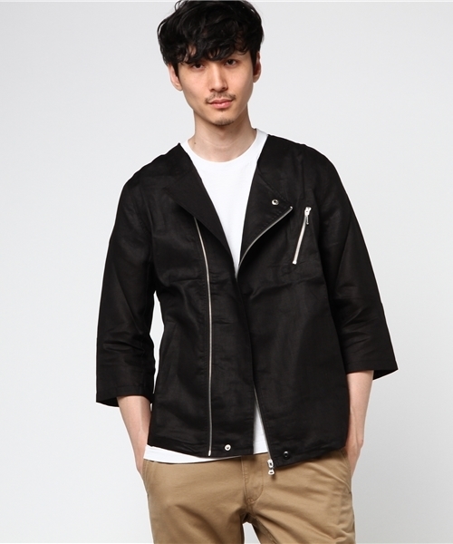 VENCEEXCHANGE（ヴァンスエクスチェンジ）の「7分袖ノーカラーライダース               （ライダースジャケット・メンズ・ブラック/オリーブ・MEDIUM/LARGE）」の12枚目の写真