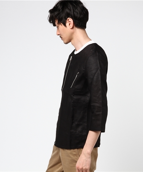 VENCEEXCHANGE（ヴァンスエクスチェンジ）の「7分袖ノーカラーライダース               （ライダースジャケット・メンズ・ブラック/オリーブ・MEDIUM/LARGE）」の3枚目の写真