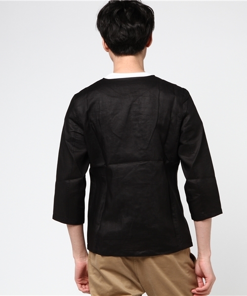 VENCEEXCHANGE（ヴァンスエクスチェンジ）の「7分袖ノーカラーライダース               （ライダースジャケット・メンズ・ブラック/オリーブ・MEDIUM/LARGE）」の4枚目の写真