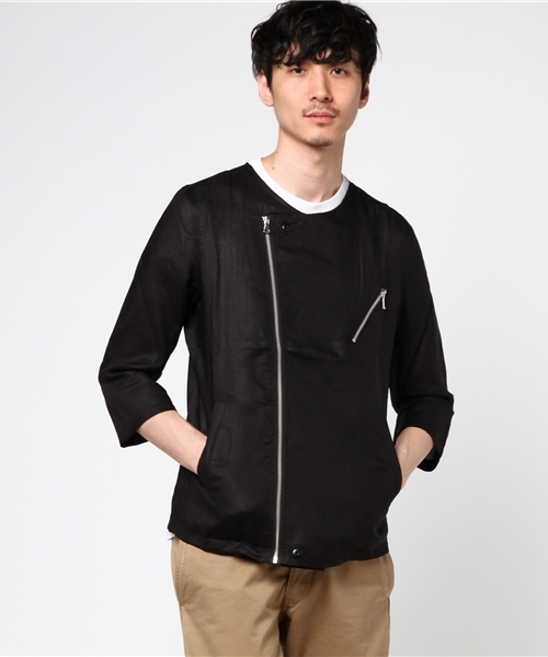 VENCEEXCHANGE（ヴァンスエクスチェンジ）の「7分袖ノーカラーライダース               （ライダースジャケット・メンズ・ブラック/オリーブ・MEDIUM/LARGE）」の5枚目の写真