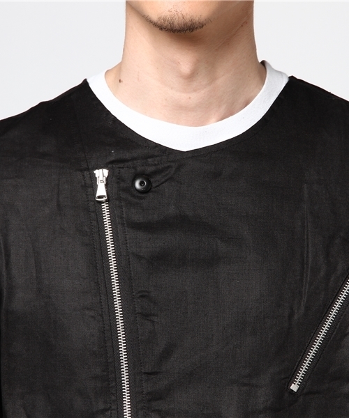 VENCEEXCHANGE（ヴァンスエクスチェンジ）の「7分袖ノーカラーライダース               （ライダースジャケット・メンズ・ブラック/オリーブ・MEDIUM/LARGE）」の6枚目の写真