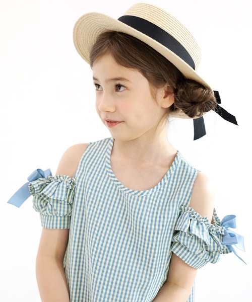 Bee des Bee（ビーデスビー）の「袖フリル×リボン肩あき半袖ワンピ（ワンピース・キッズ・ストライプ/チェック/インディゴブルー/イエロー系その他/ローズ/ラベンダー/ブルー/ブルー系その他/ピンク/イエロー・90cm/100cm/110cm/120cm/130cm/140cm/150cm）」の4枚目の写真