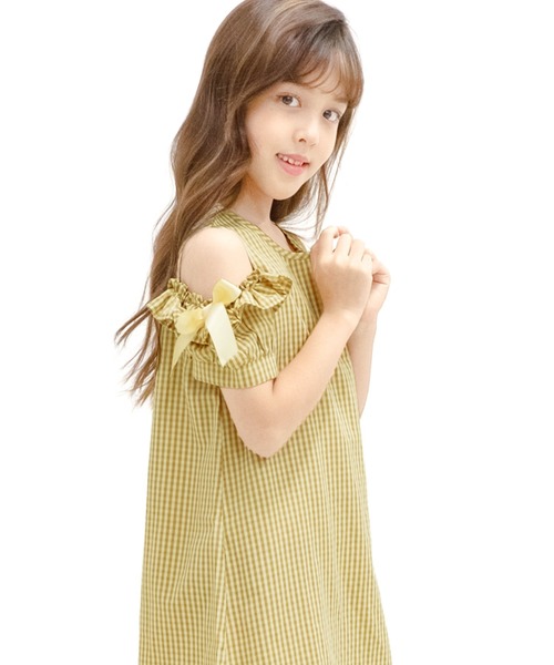 Bee des Bee（ビーデスビー）の「袖フリル×リボン肩あき半袖ワンピ（ワンピース・キッズ・ストライプ/チェック/インディゴブルー/イエロー系その他/ローズ/ラベンダー/ブルー/ブルー系その他/ピンク/イエロー・90cm/100cm/110cm/120cm/130cm/140cm/150cm）」の7枚目の写真