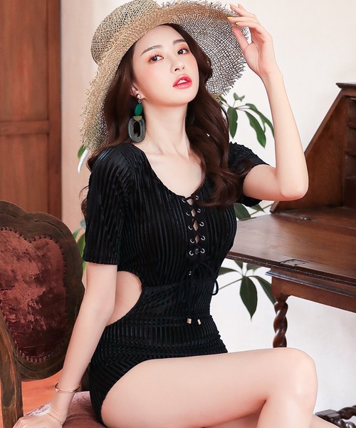 レディース水着 ウエスト抜け感ベロアレースアップオールインワンスイムウェア 水着 Teddyshop テディショップ のファッション通販 Zozotown