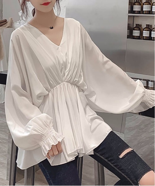 MAISON DE THERESE（メゾン ド テレーズ）の「ウエストゴム　Vネック　ロングシャツ（シャツ/ブラウス・レディース・ホワイト/ブラック/グレー・M）」の14枚目の写真