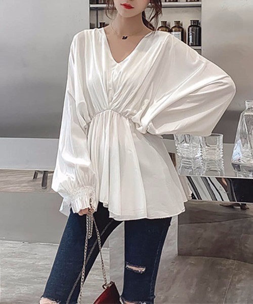 MAISON DE THERESE（メゾン ド テレーズ）の「ウエストゴム　Vネック　ロングシャツ（シャツ/ブラウス・レディース・ホワイト/ブラック/グレー・M）」の6枚目の写真