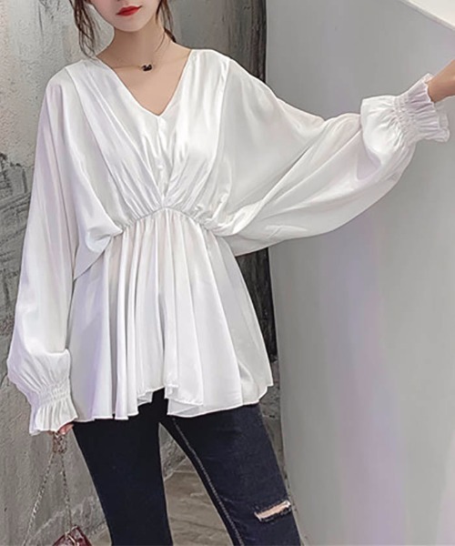 MAISON DE THERESE（メゾン ド テレーズ）の「ウエストゴム　Vネック　ロングシャツ（シャツ/ブラウス・レディース・ホワイト/ブラック/グレー・M）」の8枚目の写真