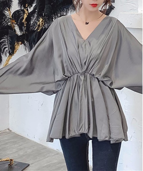 MAISON DE THERESE（メゾン ド テレーズ）の「ウエストゴム　Vネック　ロングシャツ（シャツ/ブラウス・レディース・ホワイト/ブラック/グレー・M）」の18枚目の写真