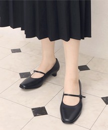本革スクエアローヒールスロラップパンプス
