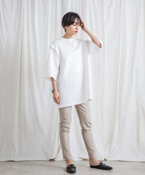 CIENA(シエナ)の「USAコットン肩ディティールロングTee(Tシャツ/カットソー・レディース・ブラック/オフホワイト・FREE)」の4枚目の写真