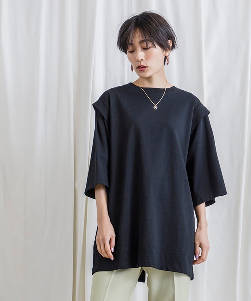 CIENA(シエナ)の「USAコットン肩ディティールロングTee(Tシャツ/カットソー・レディース・ブラック/オフホワイト・FREE)」の9枚目の写真
