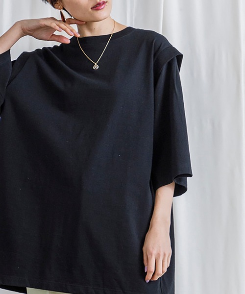 CIENA(シエナ)の「USAコットン肩ディティールロングTee(Tシャツ/カットソー・レディース・ブラック/オフホワイト・FREE)」の11枚目の写真
