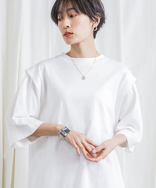 CIENA(シエナ)の「USAコットン肩ディティールロングTee(Tシャツ/カットソー・レディース・ブラック/オフホワイト・FREE)」の5枚目の写真