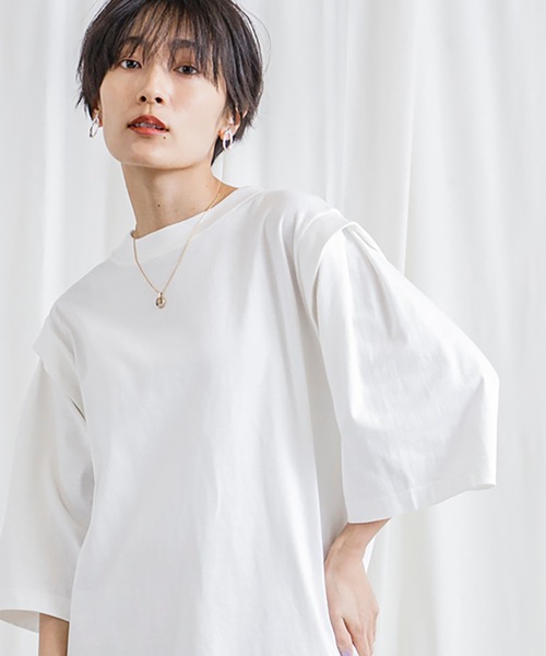 CIENA(シエナ)の「USAコットン肩ディティールロングTee(Tシャツ/カットソー・レディース・ブラック/オフホワイト・FREE)」の3枚目の写真