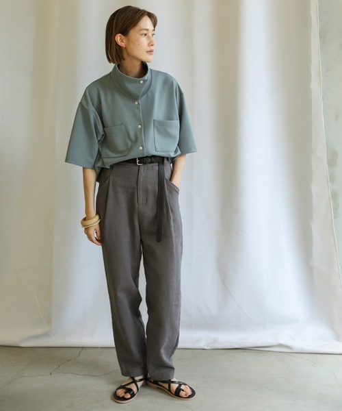 select MOCA（セレクトモカ）の「リネンシングルタックテーパードパンツ（スラックス・レディース・グレー/アイボリー/ブルーグリーン・SMALL/MEDIUM）」の5枚目の写真