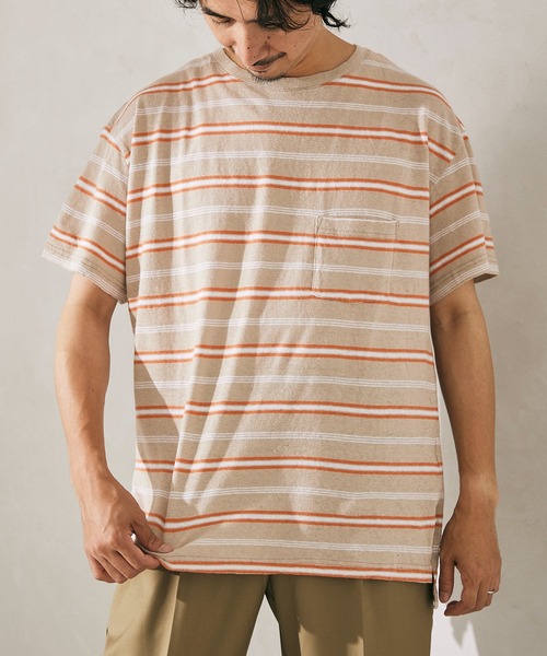 JOURNAL STANDARD relume(ジャーナルスタンダード レリューム)の「C/HEMP BORDER TEE(Tシャツ/カットソー・メンズ・ホワイト/チャコールグレー/ベージュ/ブルー/アイボリー/ライトイエロー・MEDIUM/LARGE)」の4枚目の写真