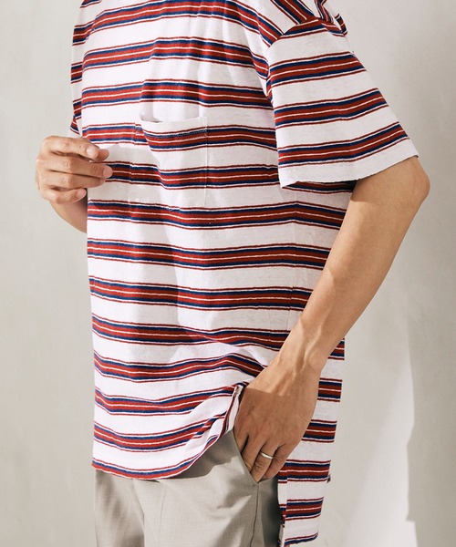 JOURNAL STANDARD relume(ジャーナルスタンダード レリューム)の「C/HEMP BORDER TEE(Tシャツ/カットソー・メンズ・ホワイト/チャコールグレー/ベージュ/ブルー/アイボリー/ライトイエロー・MEDIUM/LARGE)」の2枚目の写真