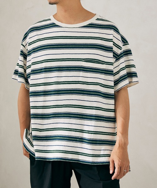 JOURNAL STANDARD relume(ジャーナルスタンダード レリューム)の「C/HEMP BORDER TEE(Tシャツ/カットソー・メンズ・ホワイト/チャコールグレー/ベージュ/ブルー/アイボリー/ライトイエロー・MEDIUM/LARGE)」の3枚目の写真
