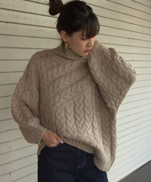 bohmal（ボマール）の「ケーブル切替ハイネックニット（ニット/セーター・レディース・ベージュ/アイボリー/グリーン/イエロー/アッシュグレー/ブラウン・FREE）」の5枚目の写真