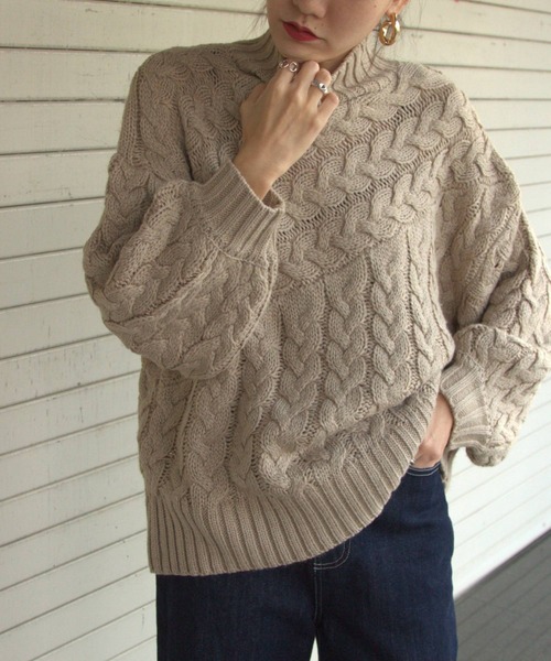 bohmal（ボマール）の「ケーブル切替ハイネックニット（ニット/セーター・レディース・ベージュ/アイボリー/グリーン/イエロー/アッシュグレー/ブラウン・FREE）」の14枚目の写真