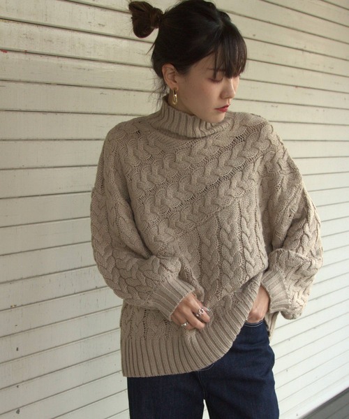 bohmal（ボマール）の「ケーブル切替ハイネックニット（ニット/セーター・レディース・ベージュ/アイボリー/グリーン/イエロー/アッシュグレー/ブラウン・FREE）」の15枚目の写真