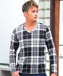 LUXSTYLE（ラグスタイル）の「グレンチェック×ヘリンボーン柄ジャガードVネックロンT（Tシャツ/カットソー・メンズ）」