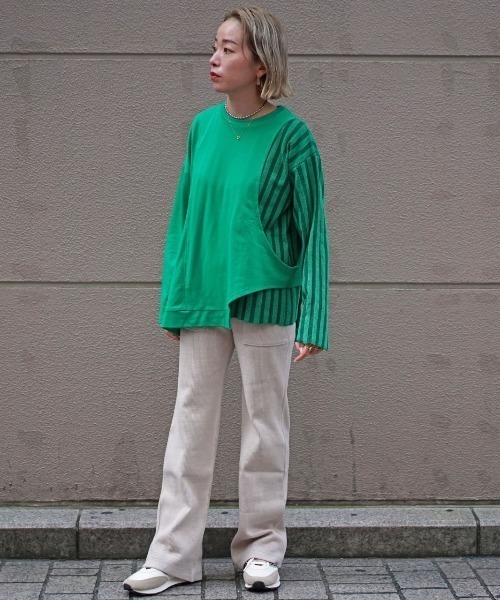 AULA AILA（アウラアイラ）の「AULA AILA（アウラ アイラ）別注コンビネーションニットTOPS（Tシャツ/カットソー・レディース・グリーン/アイボリー・0）」の13枚目の写真