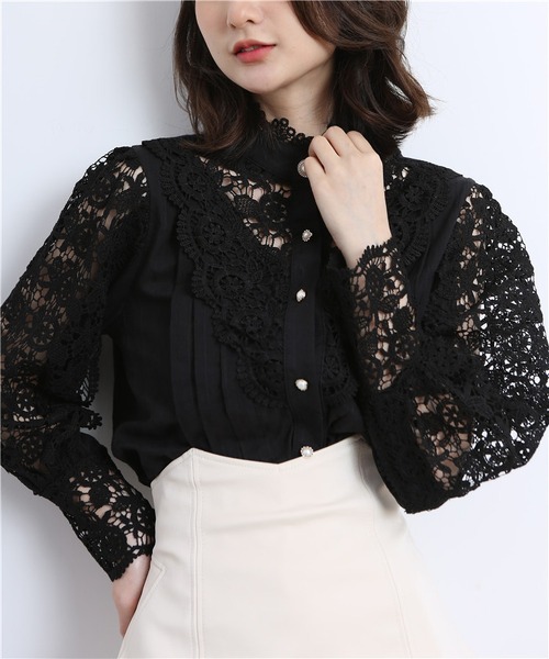 MAISON DE THERESE（メゾン ド テレーズ）の「レース切り替えシャツブラウス（シャツ/ブラウス・レディース・ベージュ/ブラック/ホワイト・MEDIUM/LARGE）」の3枚目の写真