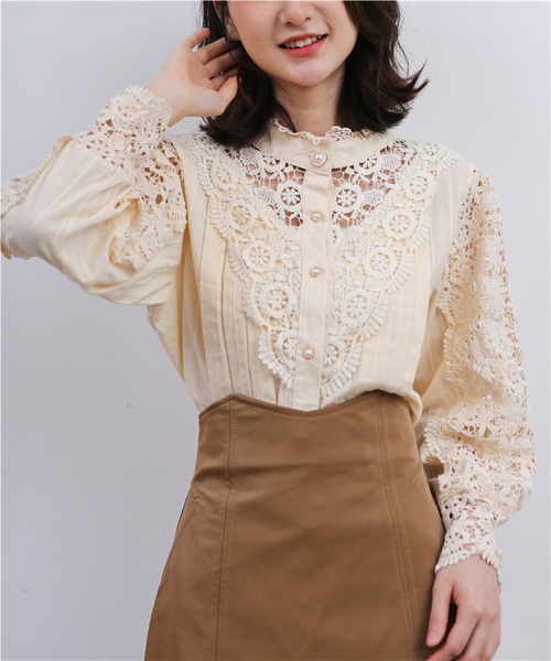 MAISON DE THERESE（メゾン ド テレーズ）の「レース切り替えシャツブラウス（シャツ/ブラウス・レディース・ベージュ/ブラック/ホワイト・MEDIUM/LARGE）」の9枚目の写真