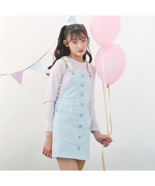 Candychuu(キャンディチュウ)の「ロゴテープジャンスカ(サロペット/オーバーオール・キッズ・ホワイト/サックスブルー・120/130/140/150/160)」の1枚目の写真