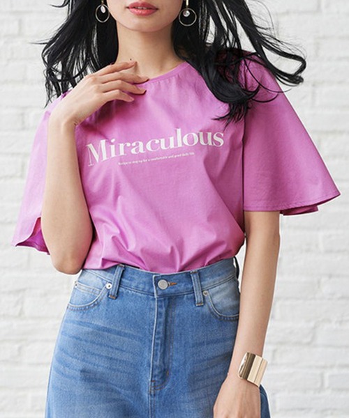 RANAN(ラナン)の「ひんやり!綿100%フレア袖大人ロゴTシャツ(Tシャツ/カットソー・レディース・ブラック系1/ブラック系2/ブラウン系1/ネイビー系1/ライラック/ホワイト系1/ホワイト系3/ホワイト系2/ピンク・M/LL/L)」の9枚目の写真