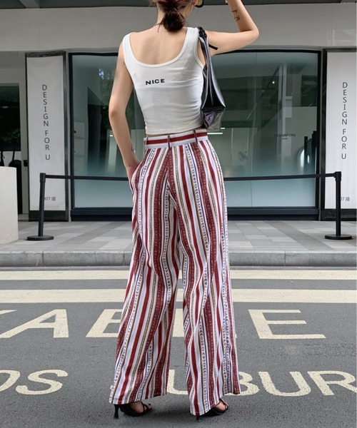 Diosfront（ディオスフロント）の「夏に履きたい！ハイウエストパネルストライプ柄ワイドパンツ（その他パンツ・レディース・ブラック/ネイビー/レッド・S/M）」の5枚目の写真