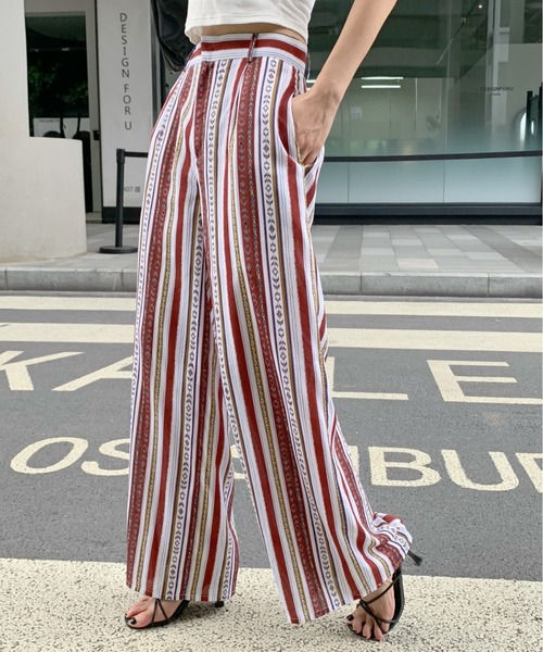Diosfront（ディオスフロント）の「夏に履きたい！ハイウエストパネルストライプ柄ワイドパンツ（その他パンツ・レディース・ブラック/ネイビー/レッド・S/M）」の6枚目の写真