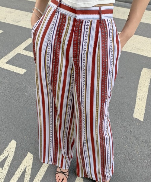 Diosfront（ディオスフロント）の「夏に履きたい！ハイウエストパネルストライプ柄ワイドパンツ（その他パンツ・レディース・ブラック/ネイビー/レッド・S/M）」の9枚目の写真
