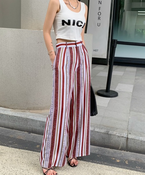 Diosfront（ディオスフロント）の「夏に履きたい！ハイウエストパネルストライプ柄ワイドパンツ（その他パンツ・レディース・ブラック/ネイビー/レッド・S/M）」の13枚目の写真