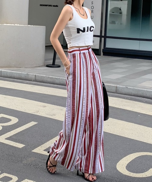 Diosfront（ディオスフロント）の「夏に履きたい！ハイウエストパネルストライプ柄ワイドパンツ（その他パンツ・レディース・ブラック/ネイビー/レッド・S/M）」の16枚目の写真