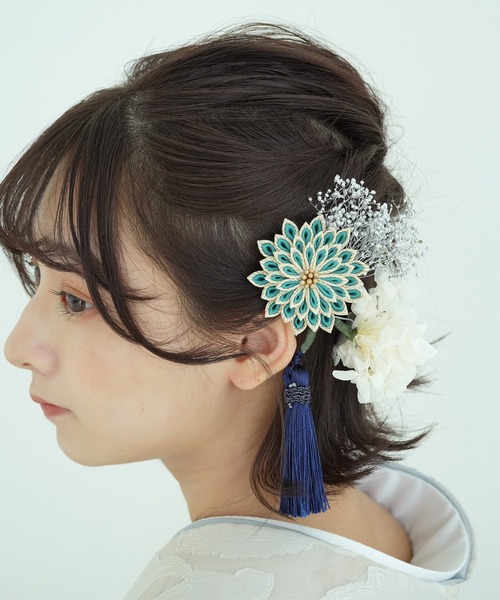 utatane（ウタタネ）の「髪飾り 菊・あじさい＆かすみそうタッセルスリーピン 日本製（和装小物・レディース・ホワイト/ブラック/ピンク/ブルー・FREE）」の11枚目の写真